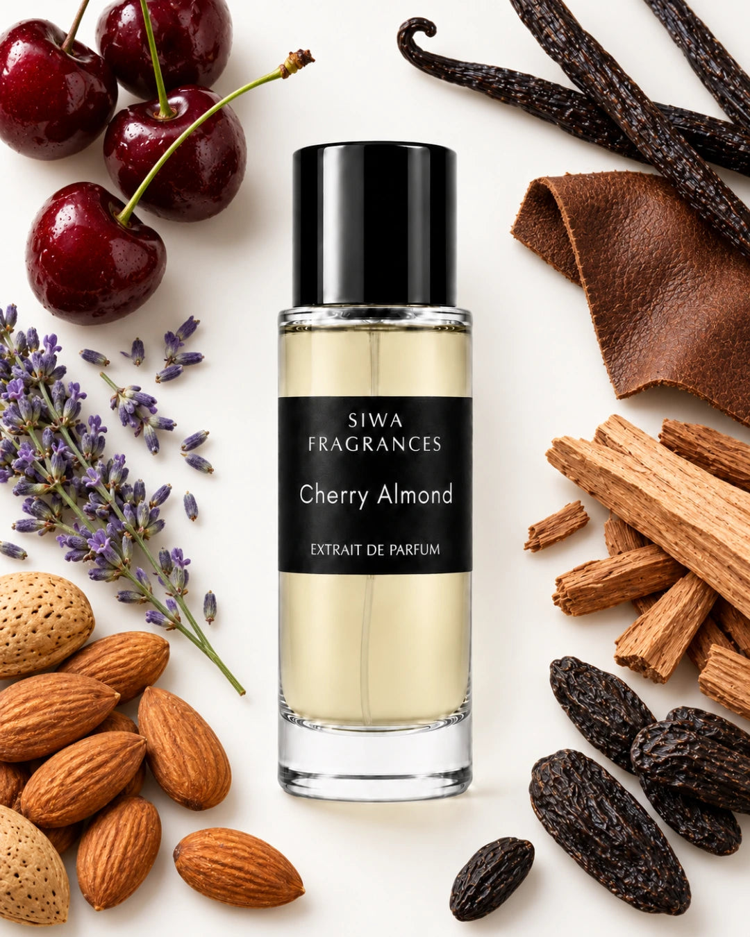 Cherry Almond 30ml with almond, lavender, cherry, vanilla, leather, sandalwood and tonka | siwa-package-v1:cherry-almond:key-notes:30ml