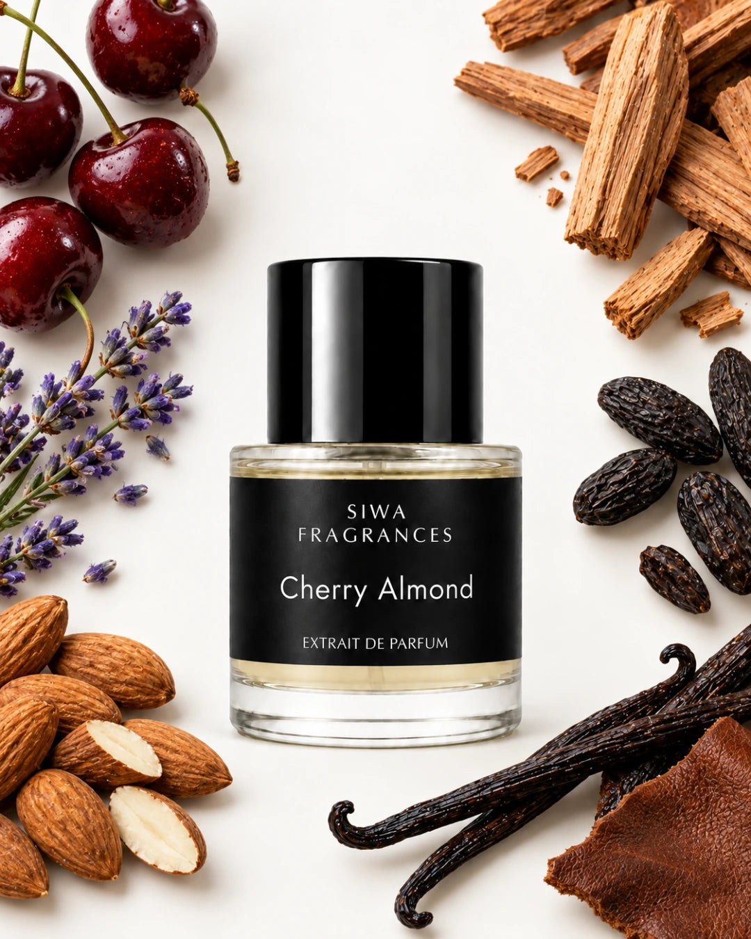 Cherry Almond 50ml with almond, lavender, cherry, vanilla, leather, sandalwood and tonka | siwa-package-v1:cherry-almond:key-notes:50ml
