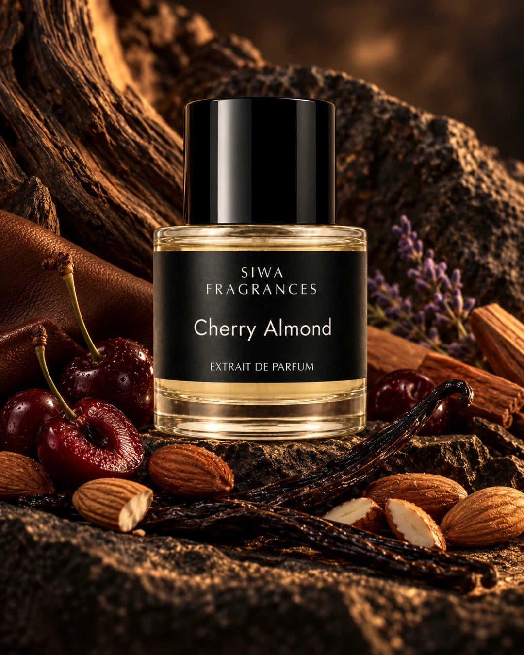 Cherry Almond 50ml with cherry, almond, vanilla, leather and wood accents | siwa-package-v1:cherry-almond:macro-editorial | siwa-variant-media:50ml