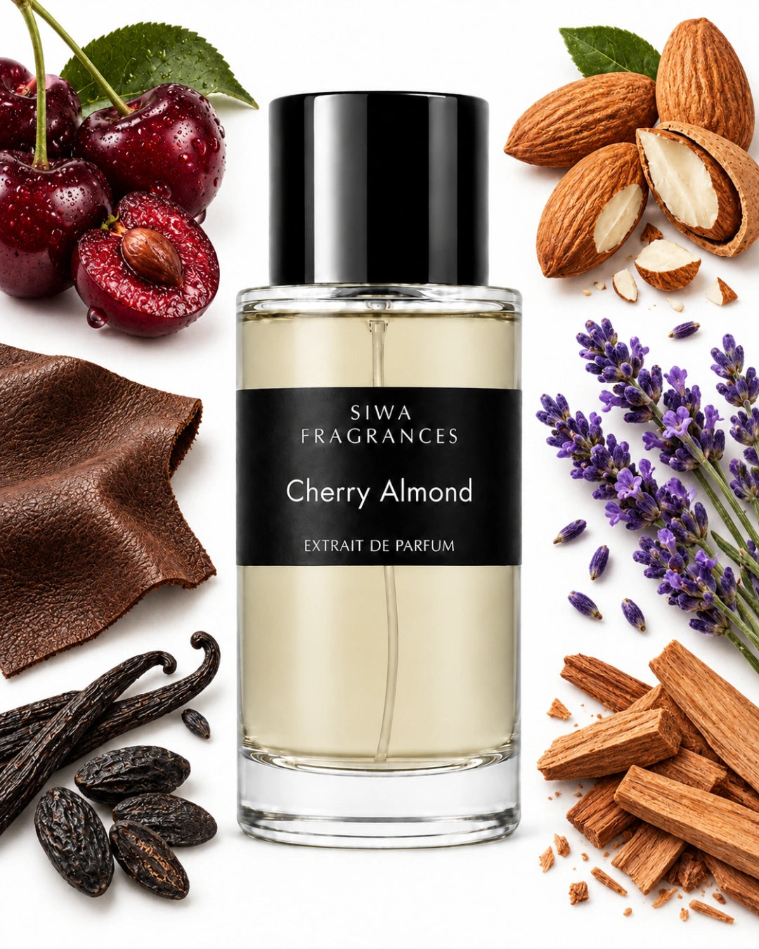 Cherry Almond 100ml with almond, lavender, cherry, vanilla, leather, sandalwood and tonka | siwa-package-v1:cherry-almond:key-notes:100ml