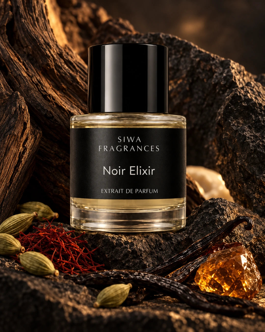 Noir Elixir 50ml with warm wood, spice, amber and vanilla accents | siwa-package-v1:noir-elixir:macro-editorial | siwa-variant-media:50ml