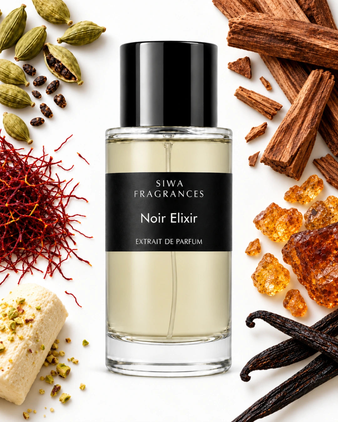 Noir Elixir 100ml with cardamom, saffron, kulfi, sandalwood, amber and vanilla | siwa-package-v1:noir-elixir:key-notes:100ml