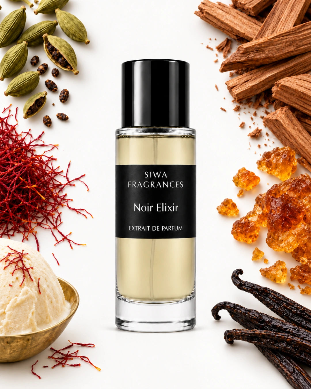 Noir Elixir 30ml with cardamom, saffron, kulfi, sandalwood, amber and vanilla | siwa-package-v1:noir-elixir:key-notes:30ml