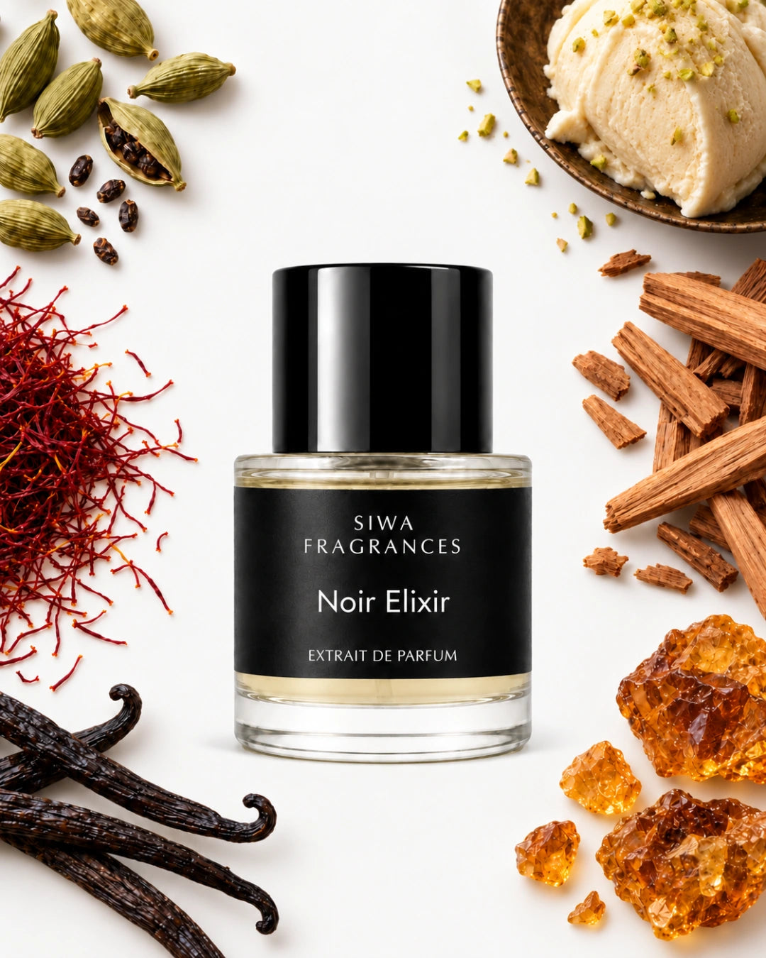 Noir Elixir 50ml with cardamom, saffron, kulfi, sandalwood, amber and vanilla | siwa-package-v1:noir-elixir:key-notes:50ml