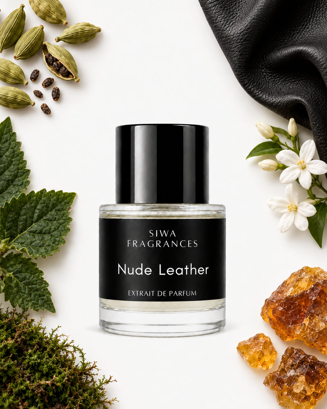Nude Leather 50ml with its six confirmed key-note materials arranged around the bottle. | siwa-package-v1:nude-leather:key-notes:50ml