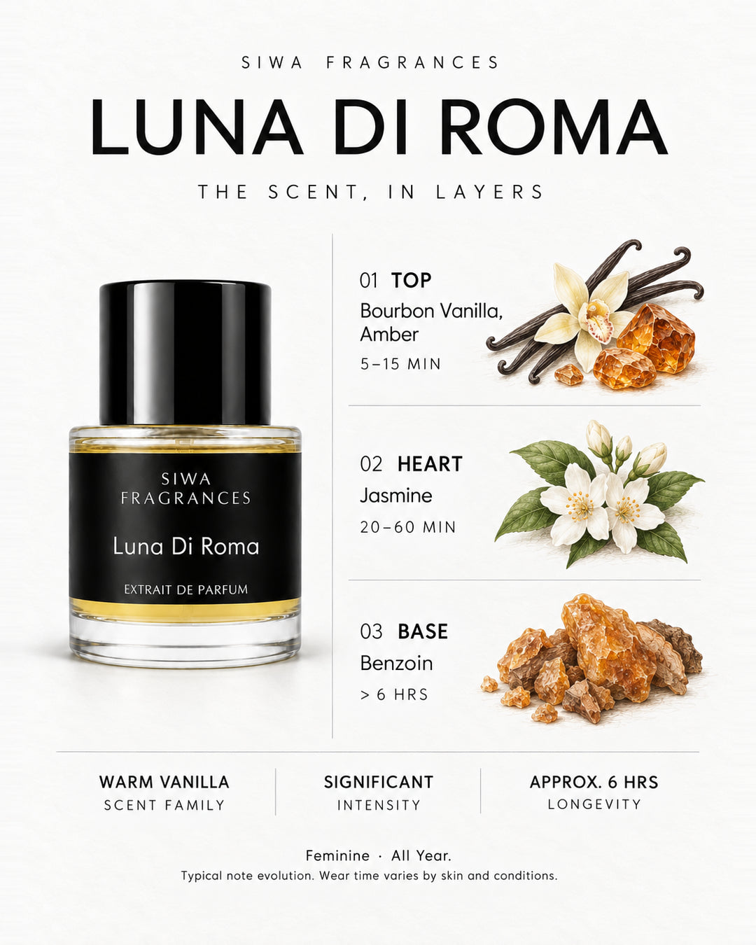 Siwa Luna Di Roma 50ml bottle with colored illustrations of its fragrance notes. Top: Bourbon Vanilla, Amber; Heart: Jasmine; Base: Benzoin. | siwa-colored-notes-v1:luna-di-roma