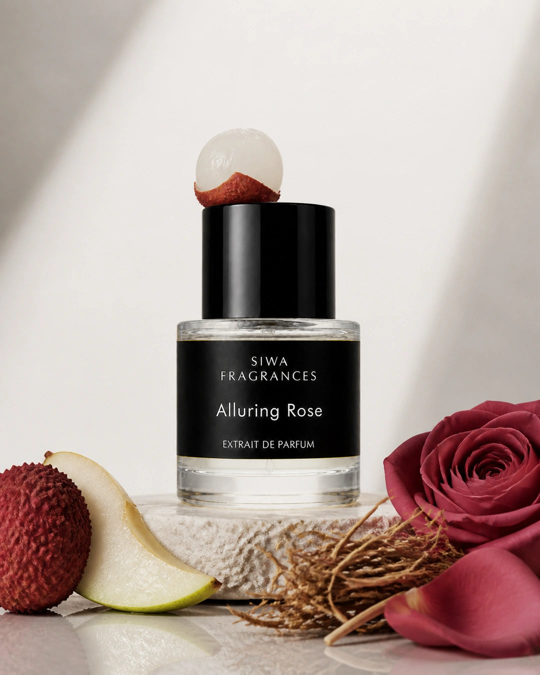Siwa Alluring Rose 50ml — macro editorial | siwa-package-v1:alluring-rose:macro-editorial