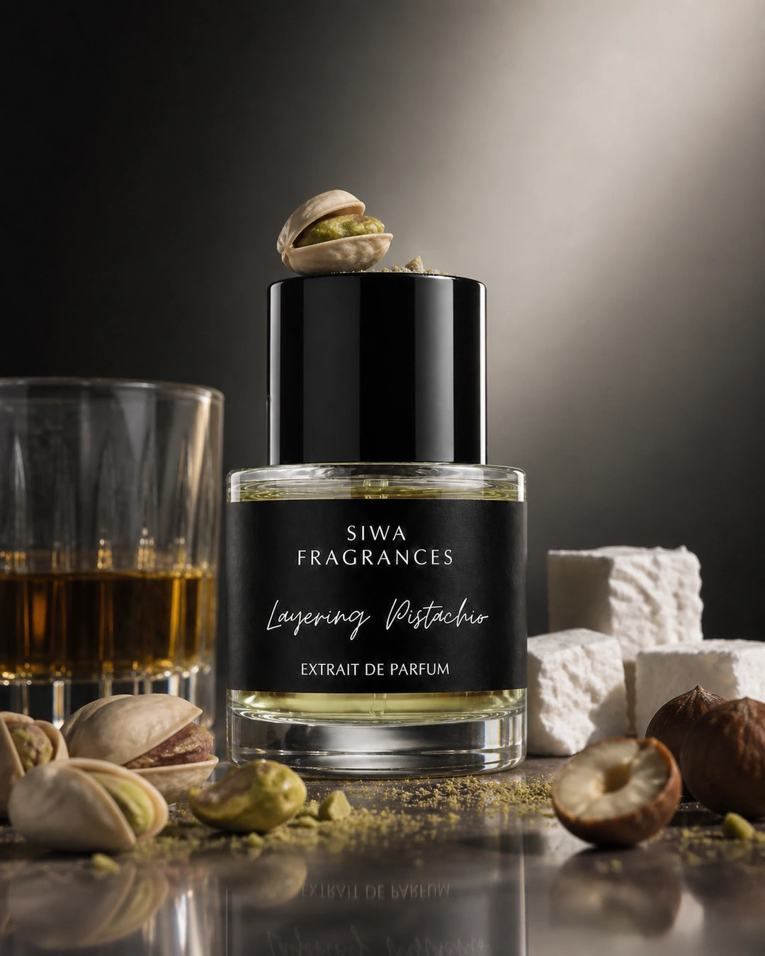 Siwa Layering Pistachio 50ml — macro editorial | siwa-package-v1:layering-pistachio:macro-editorial