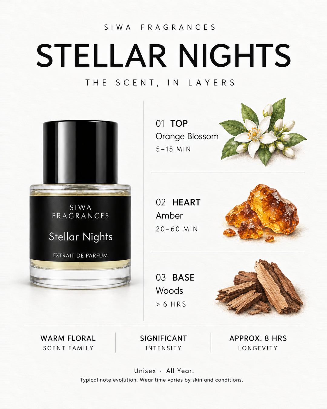 Siwa Stellar Nights 50ml bottle with colored illustrations of its fragrance notes. Top: Orange Blossom; Heart: Amber; Base: Woods. | siwa-colored-notes-v1:stellar-nights