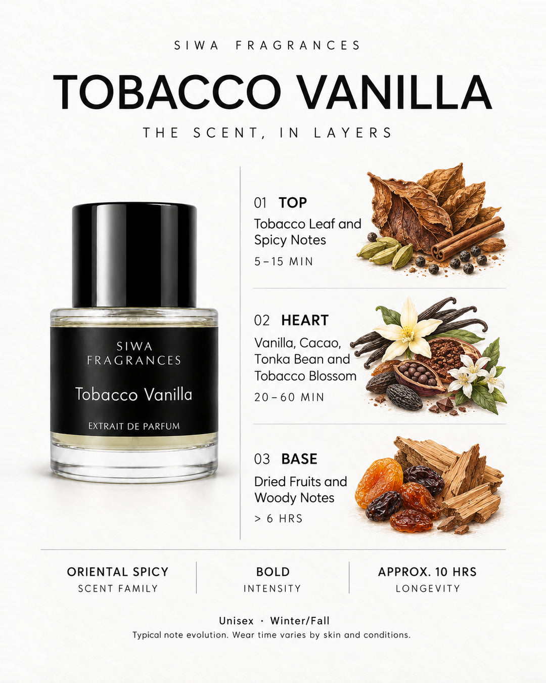 Siwa Tobacco Vanilla 50ml bottle with colored illustrations of its fragrance notes. Top: Tobacco Leaf and Spicy Notes; Heart: Vanilla, Cacao, Tonka Bean and Tobacco Blossom; Base: Dried Fruits and Woody Notes. | siwa-colored-notes-v1:tobacco-vanilla