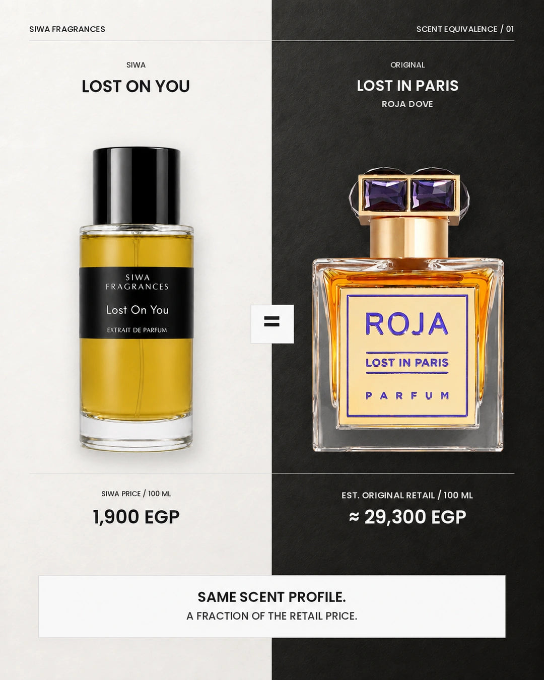 Lost On You by Siwa compared with Roja Dove Lost In Paris, with labeled bottle sizes and EGP prices | siwa-gallery-v1:dupe-comparison:lost-on-you