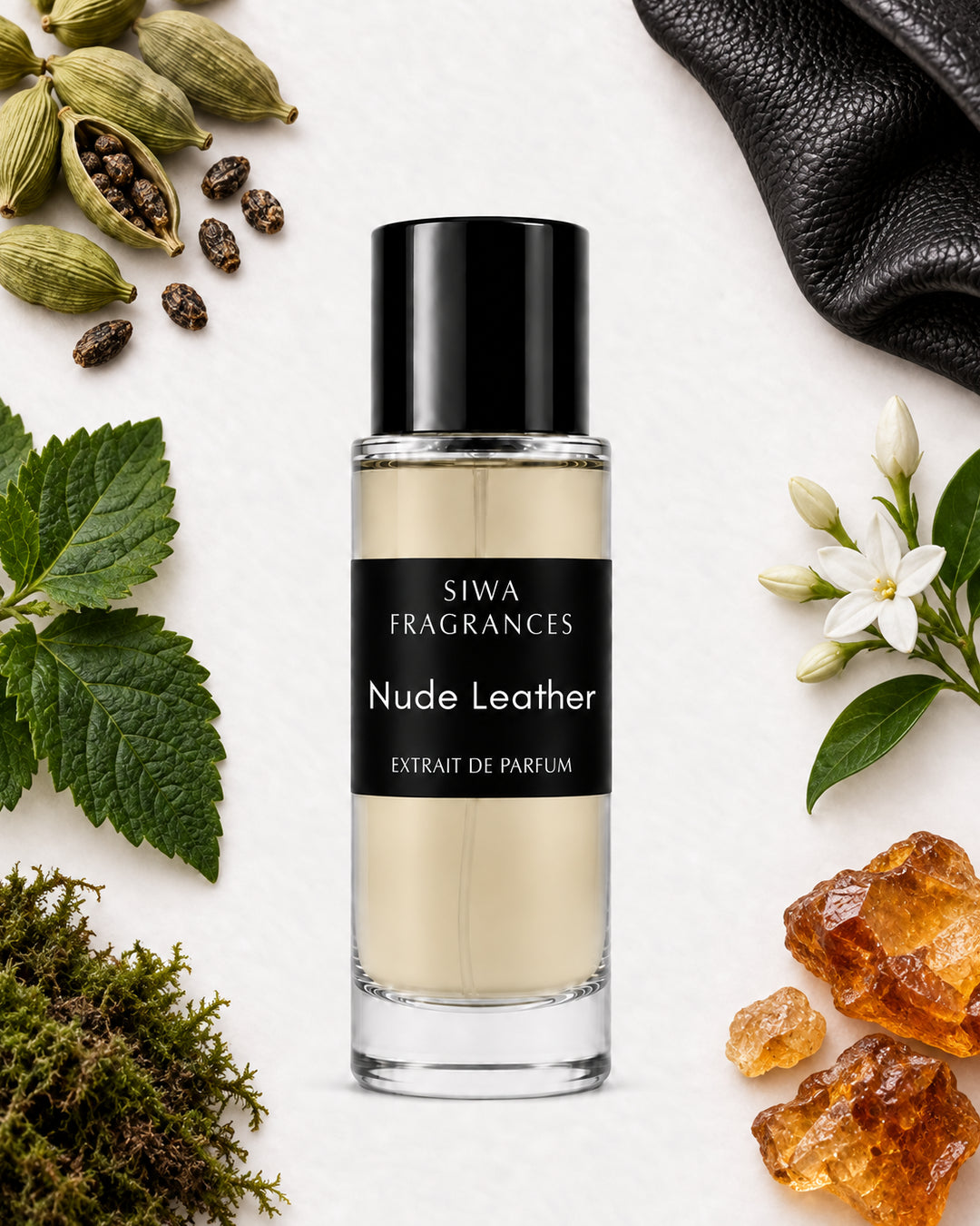 Nude Leather 30ml with cardamom, leather, jasmine, amber resin, moss and patchouli around the bottle. | siwa-package-v1:nude-leather:key-notes:30ml
