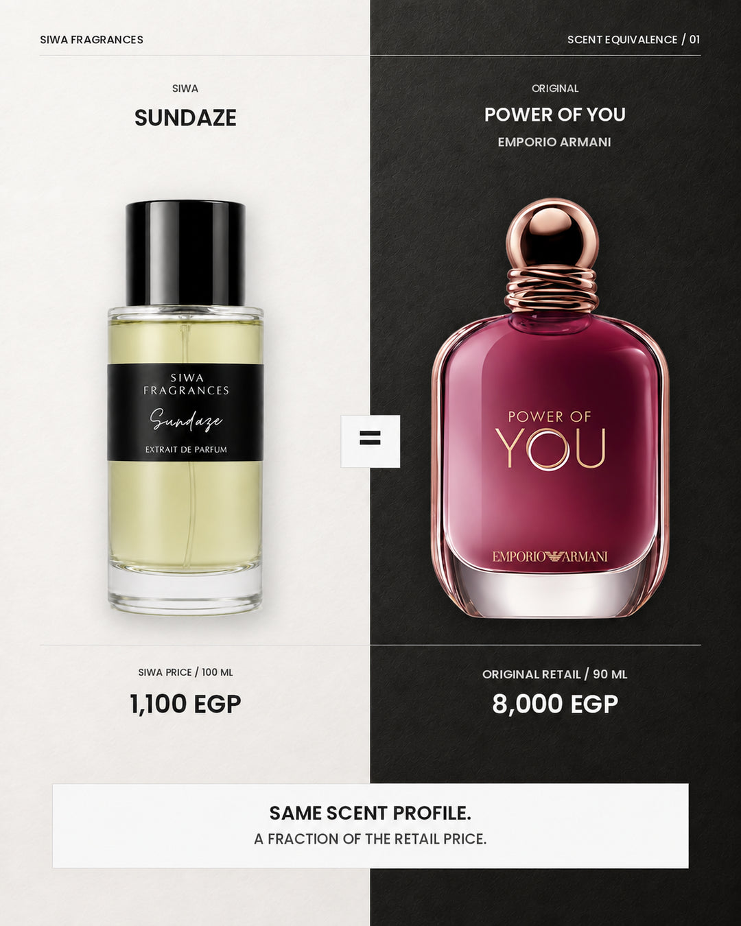 Sundaze by Siwa compared with Emporio Armani Power of You, with labeled bottle sizes and EGP prices | siwa-package-v1:sundaze:dupe-comparison