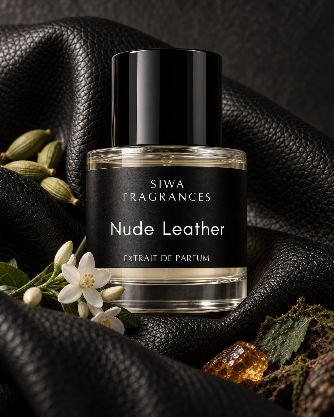 Close-up Nude Leather 50ml editorial nestled in black leather with cardamom, jasmine, patchouli, moss and amber accents. | siwa-package-v1:nude-leather:macro-editorial | siwa-variant-media:50ml