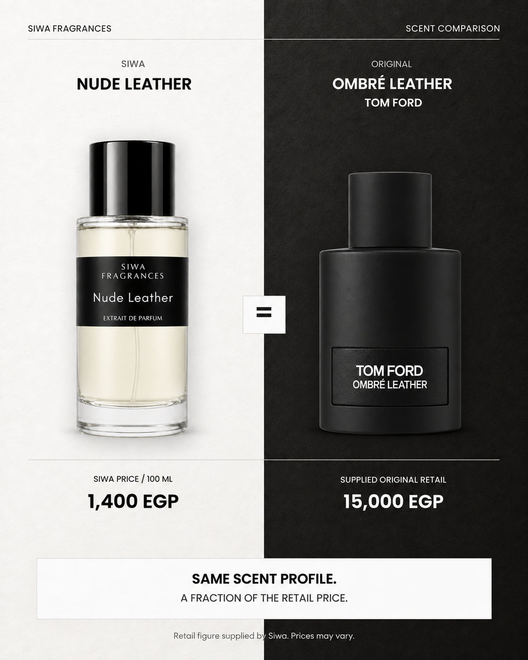 Nude Leather 100ml at 1,400 EGP compared with Tom Ford Ombré Leather and the supplied original retail figure of 15,000 EGP. | siwa-package-v1:nude-leather:dupe-comparison