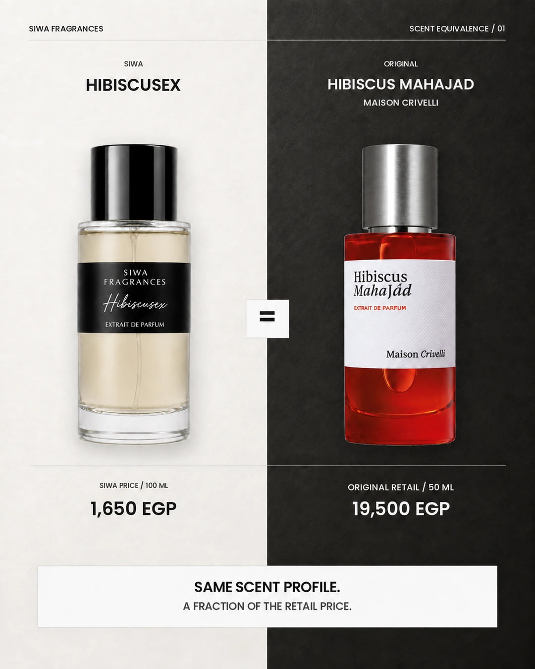 Hibiscusex by Siwa compared with Maison Crivelli Hibiscus Mahajád, with labeled bottle sizes and EGP prices | siwa-gallery-v1:dupe-comparison:hibiscusex